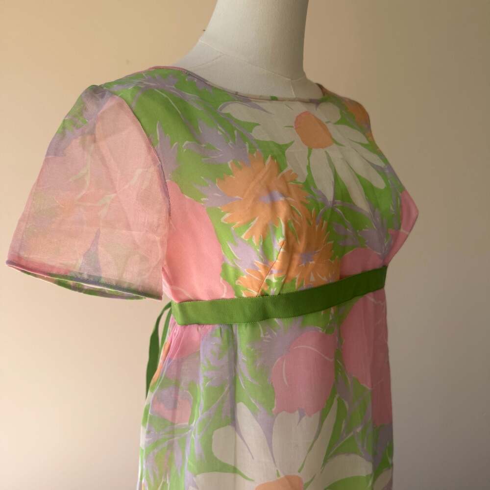 Vintage 1960s Union Label Floral Chiffon Empire Waist Maxi Dress - Picture 4 of 14